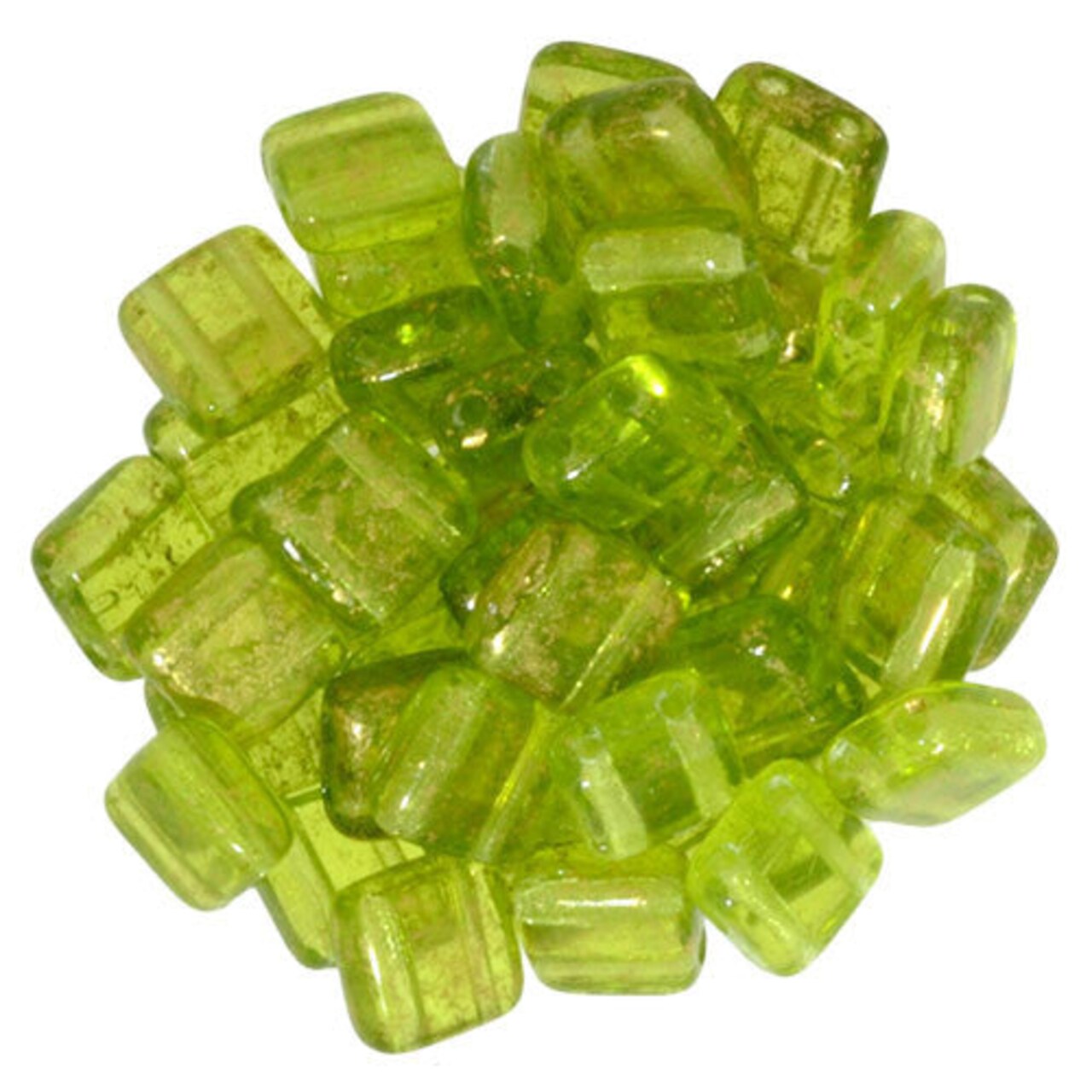 Czechmate 6mm Square Glass Czech Two Hole Tile Bead, Gold Marbled Olivine